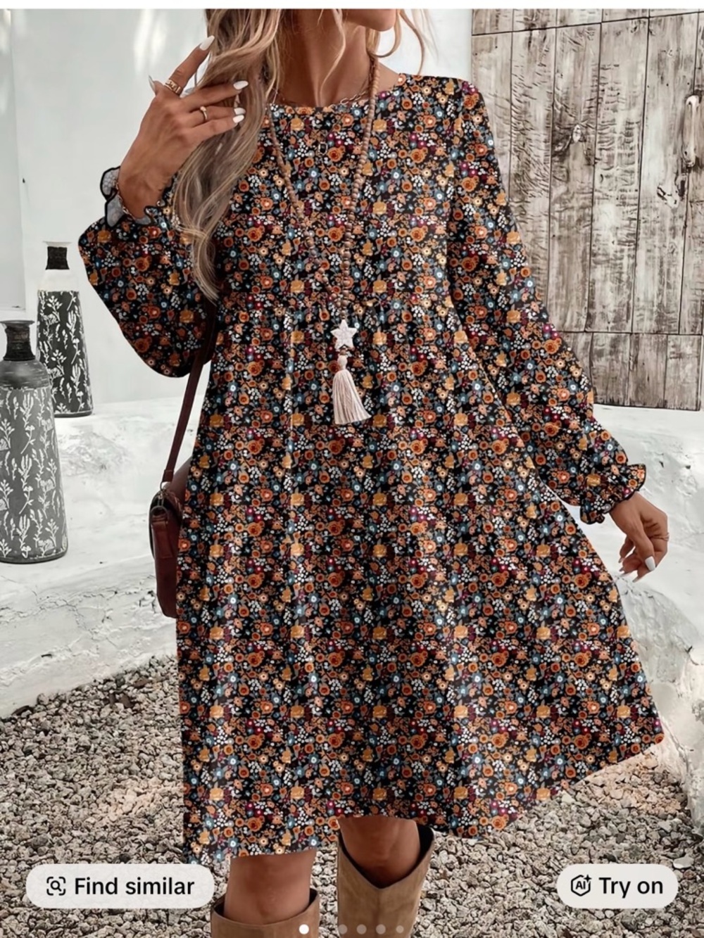 Floral Long Sleeve Women’s Dress - Navy with Pink Accents